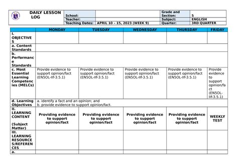 Dll G5 Eng Q3 W9 English Sample Of Dll Daily Lesson Log School