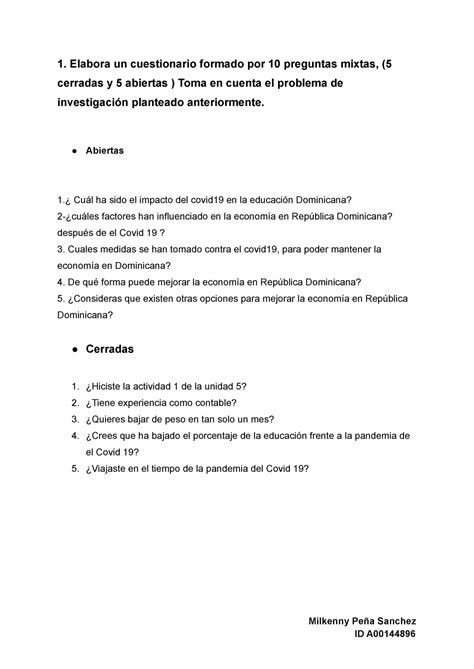 Pe A Sanchez Milkenny El Cuestionario Elabora Un Cuestionario