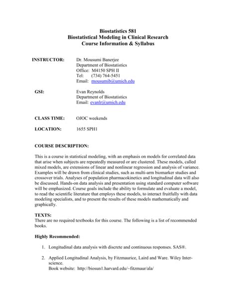 Biostatistics 581 Biostatistical Modeling In Clinical Research Course