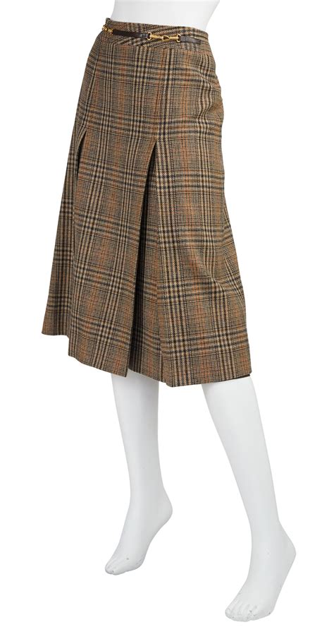 Céline 1970s Vintage Horsebit Brown Plaid Wool Pleated Skirt