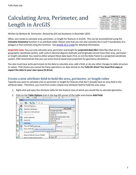 Pdf Calculating Area Perimeter And Length In Arcgis Tufts Data