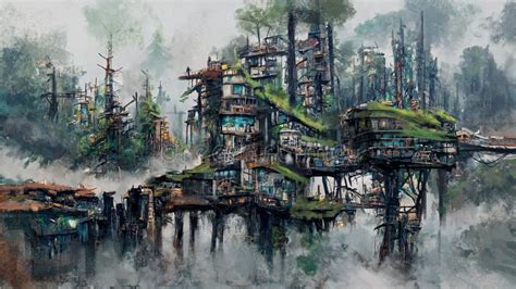 Digital Illustration Of A Treetop Village Made Out Of Scrap Parts In A