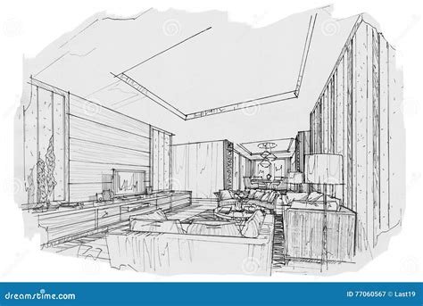 Sketch Perspective Interior Living Room Black And White Interior