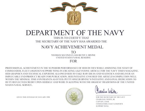 Navy Achievement Medal Template Fillable