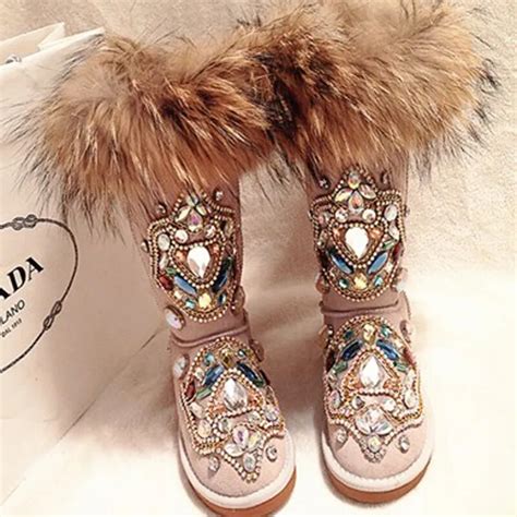 Nowe Zimowe Buty Niegowe Damskie Prawdziwe Futro Rhinestone R Cznie