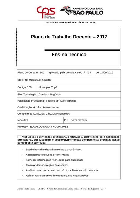 Pdf Plano De Trabalho Docente Ensino T Cnicoetectupa Br