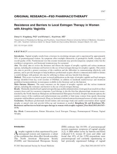 Pdf Resistance And Barriers To Local Estrogen Therapy In Women With Atrophic Vaginitis