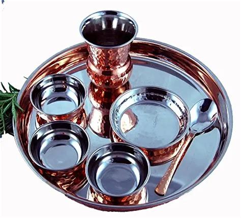 Most Popular Traditional Indian Dinner Ware Hammered Handmade Copper Steel Dinner Thali Set