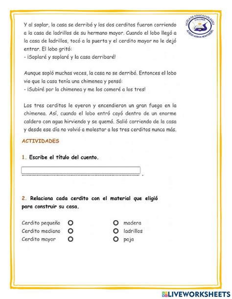 Los Tres Cerditos Online Pdf Worksheet For Elemental Live Worksheets