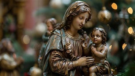 The Virgin Mary And Baby Jesus Statues In A Church Setting Premium Ai