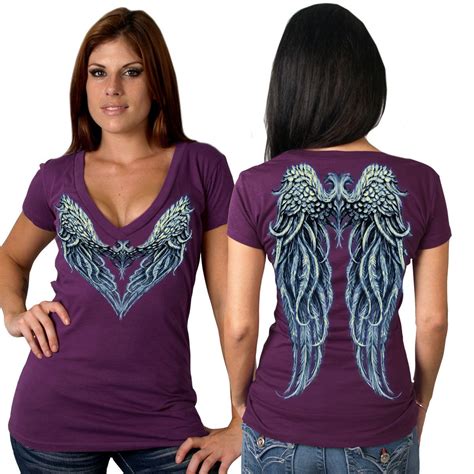 Womens Angel Wings Heart T Shirt Double D Cycles Women Biker