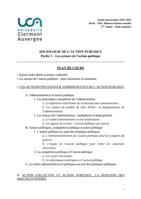 Plan De Cours Les Acteurs De Laction Publique Partie