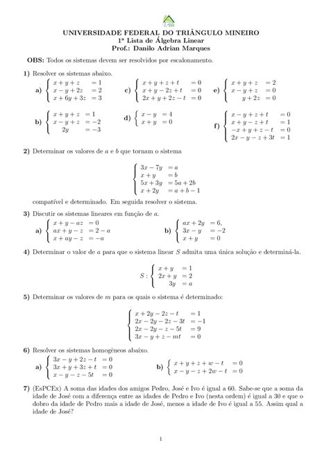 Lista De Sistemas Lineares Exercícios Geometria Analítica E Álgebra