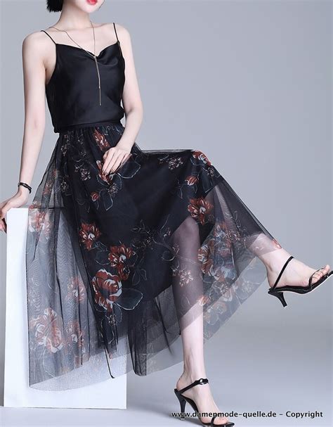 Neuheiten A Linie Chiffon Sommer Rock In Schwarz Mit Blumen