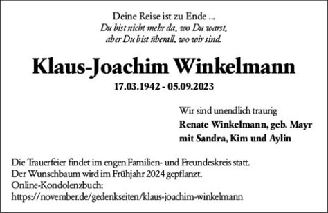 Traueranzeigen Von Klaus Joachim Winkelmann Vrm Trauer De