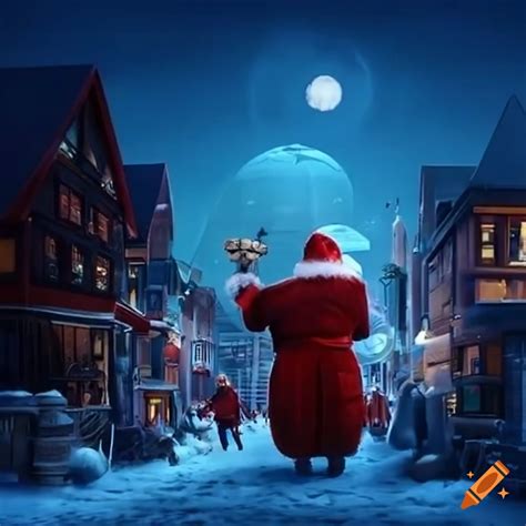 Santa Claus Entering A Futuristic Town On Craiyon