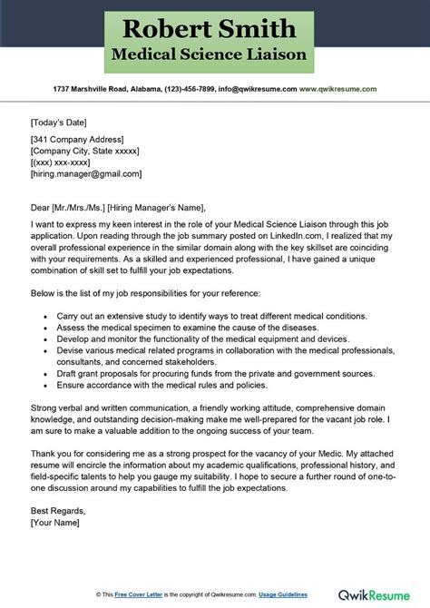 Medical Science Liaison Cover Letter Examples Qwikresume