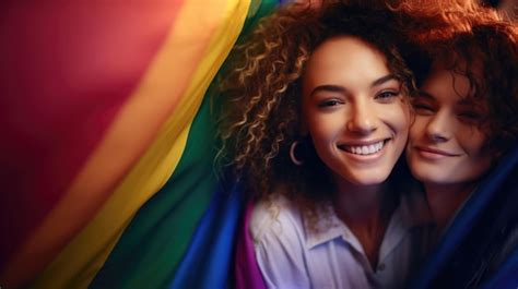 Dos Chicas Lesbianas Con La Bandera Del Arco Iris Felizmente Sonriendo