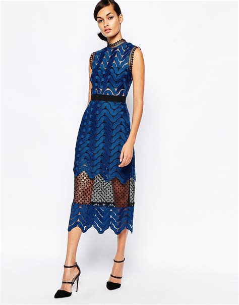 Lyst Self Portrait Scallop High Neck Midi Dress In Blue