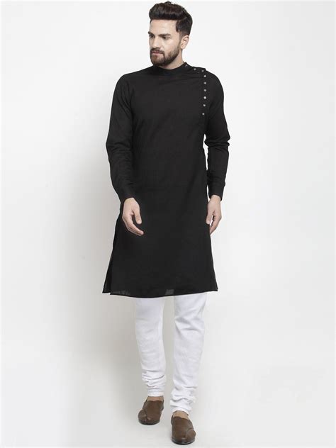 Designer Black Linen Kurta With Churidar Pajama For Men Mens Kurta