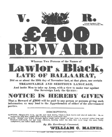 Poster Reward Poster For The Capture Of Peter Lalor And Black Copy