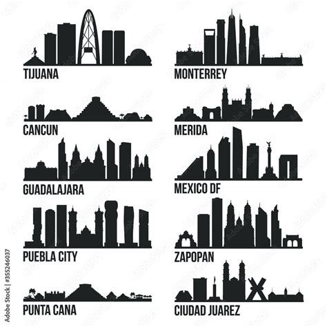 Mexico Cities Most Famous Skyline City Silhouette Design Collection Set ...