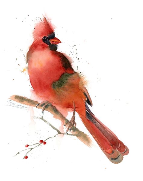 Cardinal Painting Original Watercolor American Winter Bird Red Wall Art