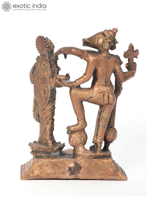 Small Standing Lord Varaha And Devi Lakshmi Copper Statue Exotic