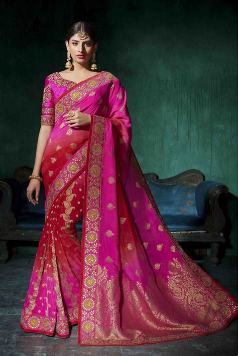 Kimora Viscose Saree In Pink And Red Colour In 2021 Saree Designs