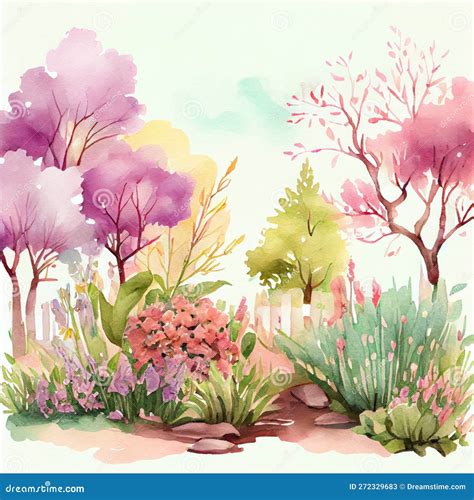 Painting Watercolor Landscape Beautiful Spring Nature Background Stock