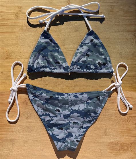 Swimwear Scrunch Butt Tie Triangle Top Bikini Set Navy Camo Thong