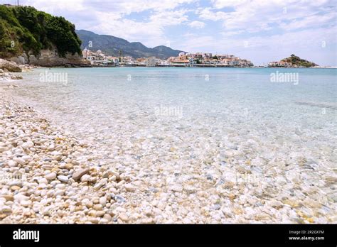 Kokkari Old Town With Harbor And Pebble Beach On The Island Of Samos