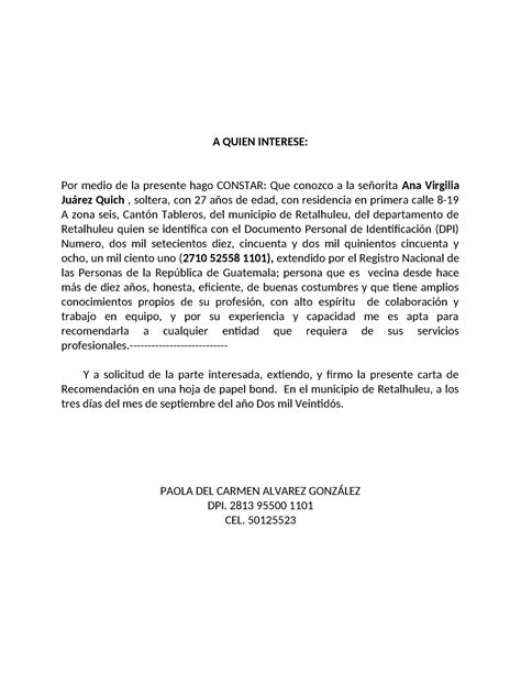 Carta De Recomendación A Quien Interese Por Medio De La Presente