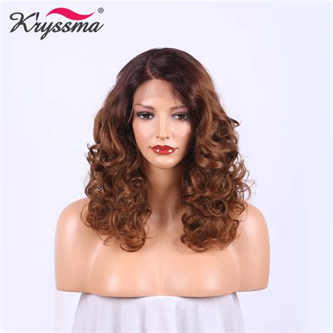 Deep Parting Brown Long Wig Two Tone Dark Roots Ombre Synthetic Lace