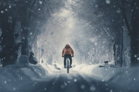 Adventurous Person Riding Bike Snow Generate Ai Stock Image Image Of