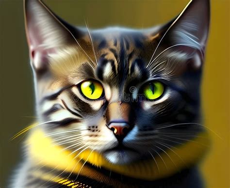 Sweet Gray and Black Cat with Yellow Eyes Portrait Illustration Art ...