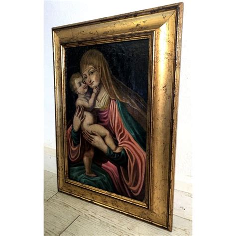 Antico Dipinto Olio Tela Madonna Della Tenerezza Gesu Bambino