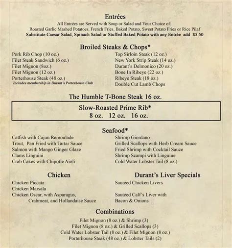 Menu at Durant's restaurant, Phoenix