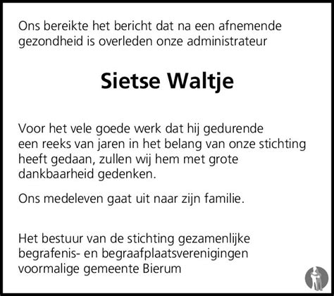 Sietse Waltje Overlijdensbericht En Condoleances Mensenlinq Nl