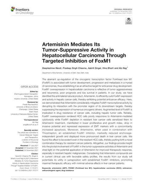 PDF Artemisinin Mediates Its Tumor Suppressive Activity In