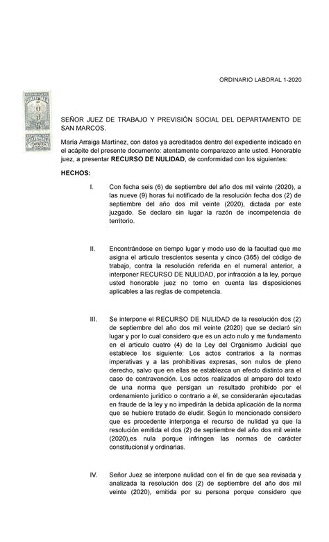 Recurso de nulidad son ejemplos ORDINARIO LABORAL 1 SEÑOR JUEZ DE