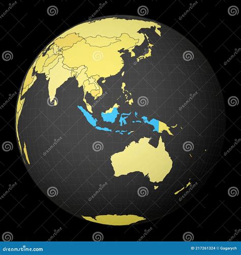 Indonesia On Dark Globe With Yellow World Map Stock Vector