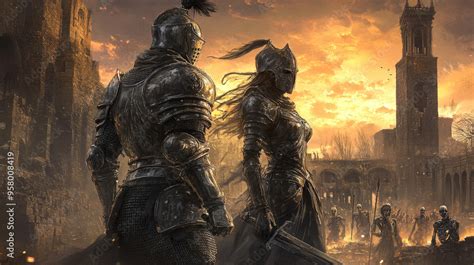 Two Knight Companions A Man And A Woman Clad In Thick Shiny Armor