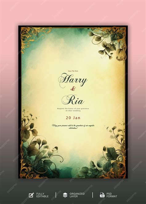 Premium Psd Beautiful Hand Drawn Floral Wedding Invitation Cards Template