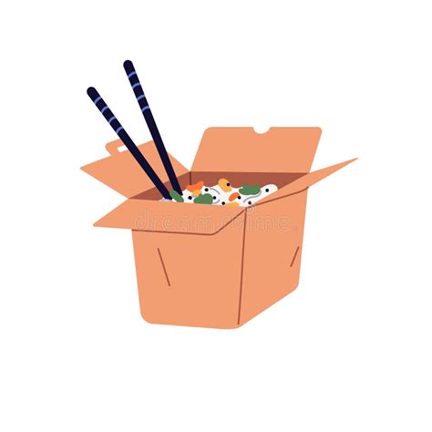 Asian Food in Delivery Box with Chopsticks. Chinese Takeaway Meal with Rice Noodle and ...