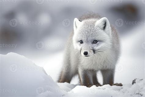 Arctic fox pup or Vulpes Lagopus in snow habitat, generative ai ...