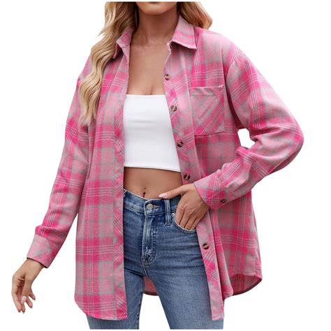 Womens Oversized Flannel Plaid Shirt Long Sleeve Drop Shoulder Lapel