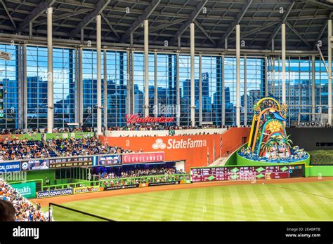 The Miami Skyline Shows Behind The Outfield At Miamis Marlin Park