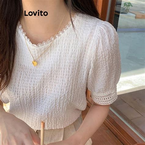 Lovito Blusa Feminina Casual De Manga Bufante Gola Lisa E Costura