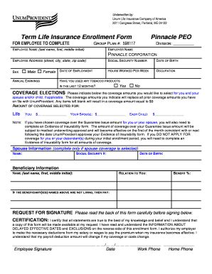 Fillable Online Term Life Insurance Enrollment Form Pinnacle PEO Fax